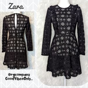 Zara MEDIUM High Waist Black Crochet Lace Sheer Long Sleeve Midi Dress